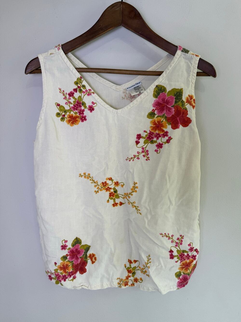 Vintage 90s Amanda Gray Linen Floral Tank Top Medium Made in USA Cottagecore